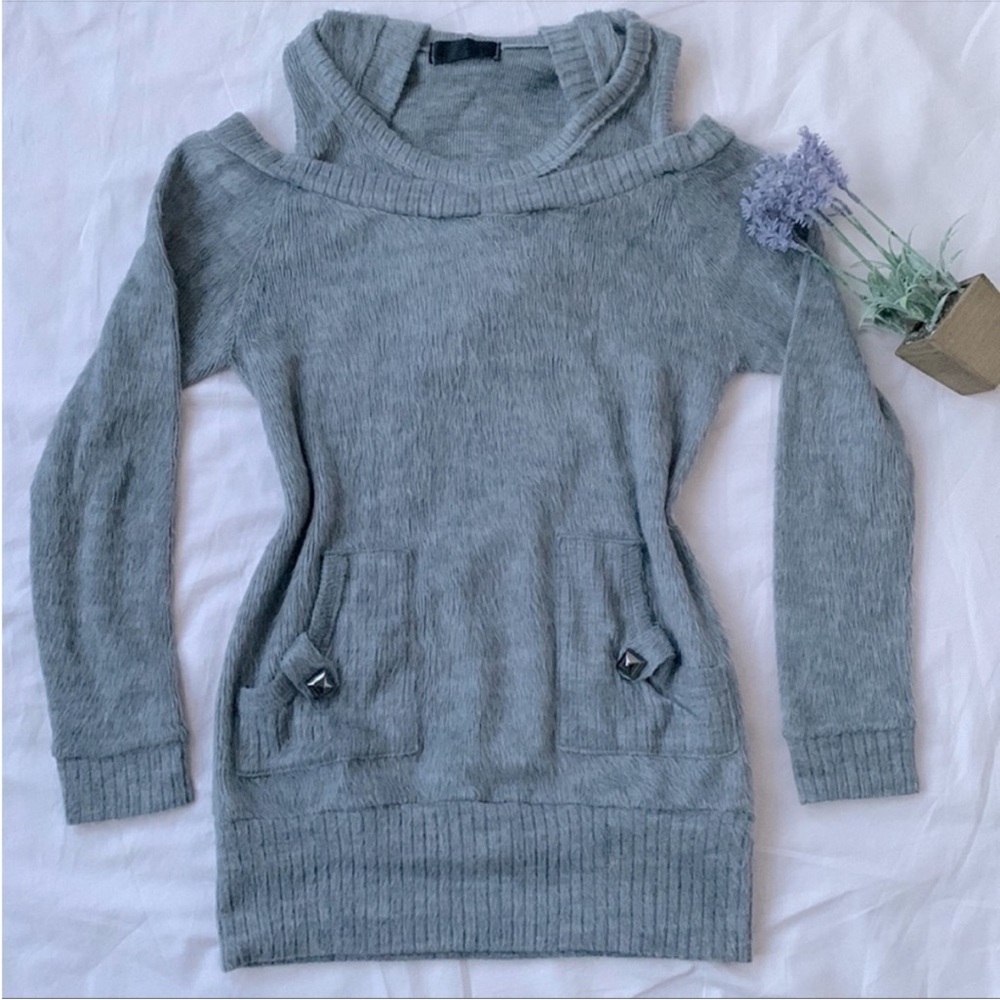 Cold shoulder hooded fuzzy sweater/dress, size S, grey, from japan